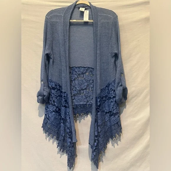 NWT - Gorgeous Indigo Thread Co. Open Front Shawl Collar Lace Border Cardigan - Picture 1 of 5